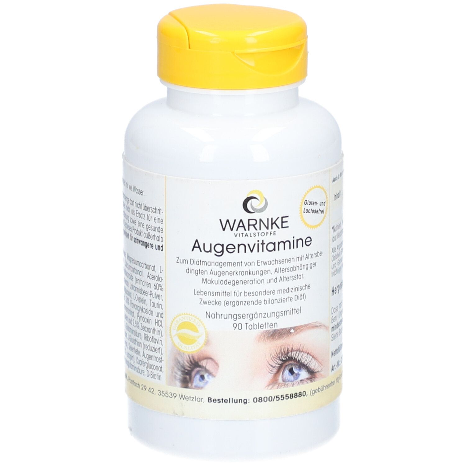Flacon blanc à bouchon jaune. Inscription WARNKE Augenvitamine. 90 comprimés. Sans gluten ni lactose.