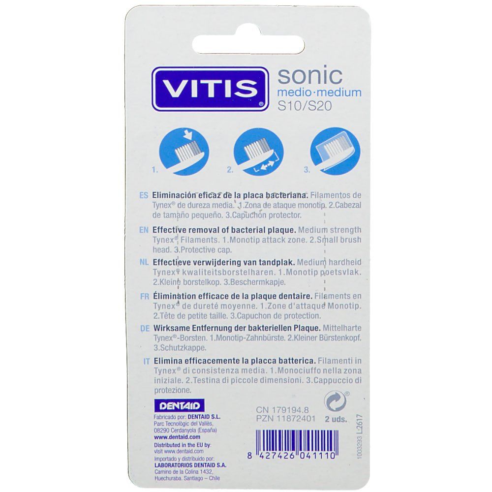 Verpakking VITIS sonic medio-medium S10/S20. Tekst in meerdere talen, waaronder Nederlands.