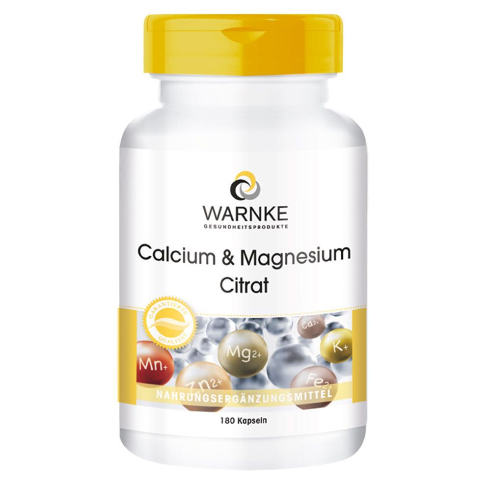 Witte fles met gele dop. Opschrift: WARNKE Calcium & Magnesium Citrat. 180 capsules. Voedingssupplement.
