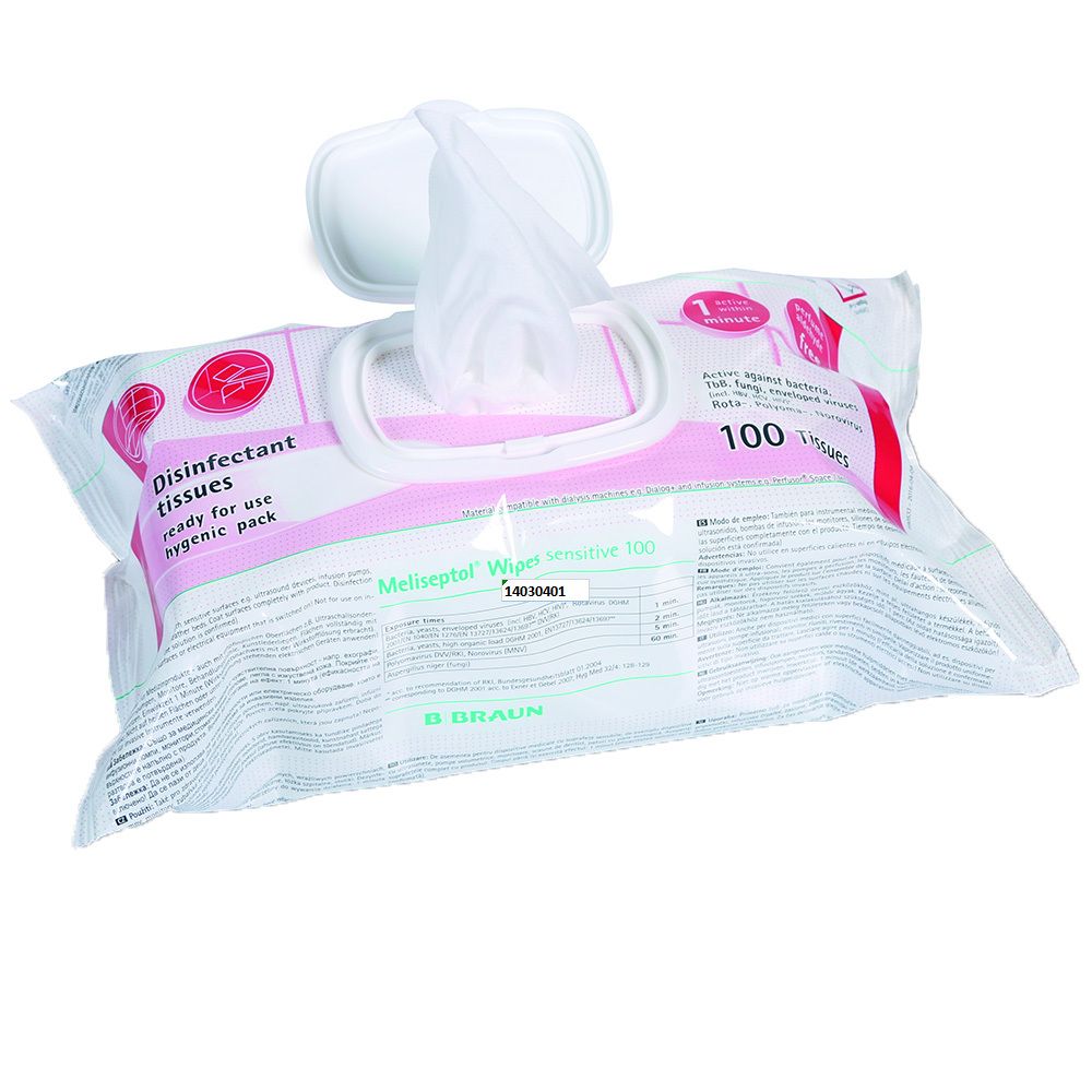 Desinfectiedoekjes in verpakking. Productnaam: Meliseptol Wipes sensitive 100. Fabrikant: B. Braun. Witte doekjes.
