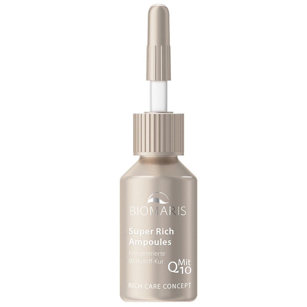Ampoule avec applicateur. Inscription: BIOMARIS Super Rich Ampoules, Q10. Couleur beige doré.