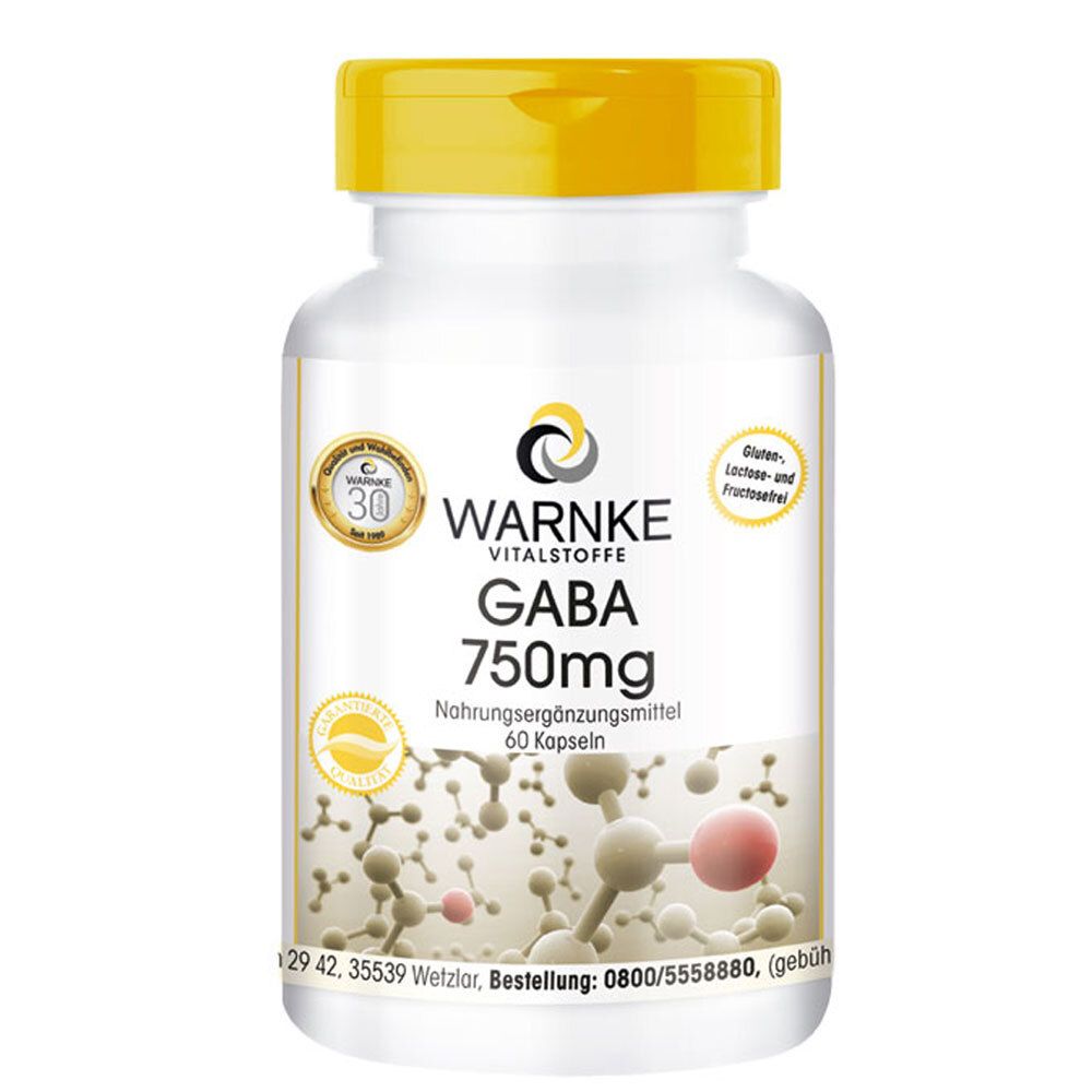 Wit flesje met gele dop. Opschrift: GABA 750mg, 60 capsules. Merk: Warnke Vitalstoffe. Met certificeringen.