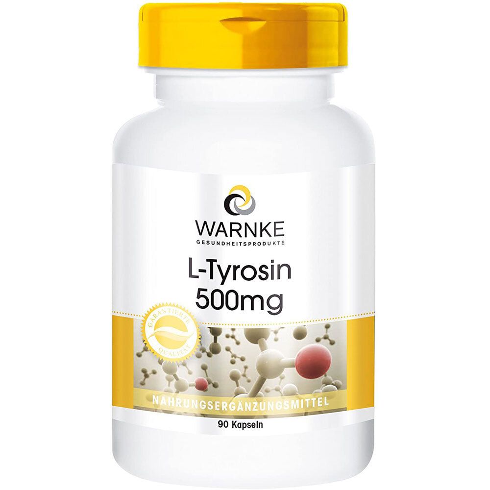 Flacon blanc à bouchon jaune. Inscription: WARNKE L-Tyrosine 500mg. 90 gélules. Complément alimentaire.