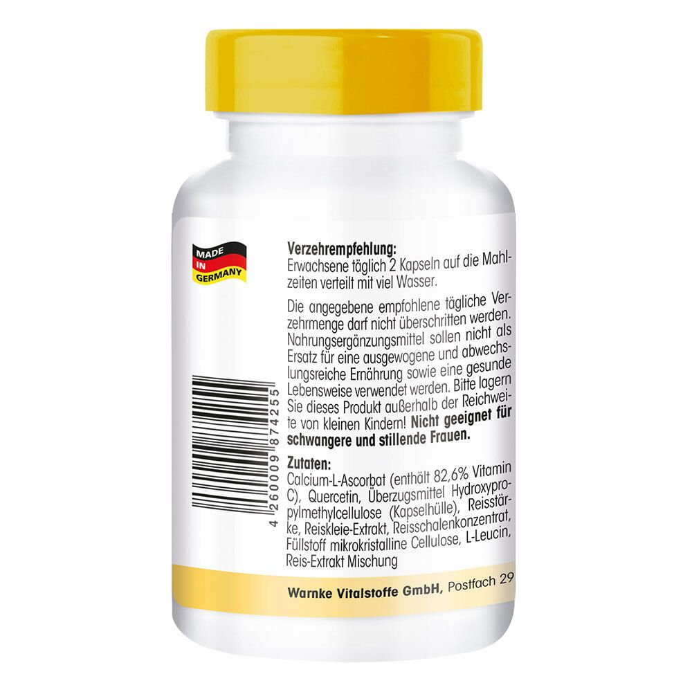 Dos du flacon. Texte sur les recommandations d'utilisation, les ingrédients et les avertissements. Fabriqué en Allemagne. Code-barres.