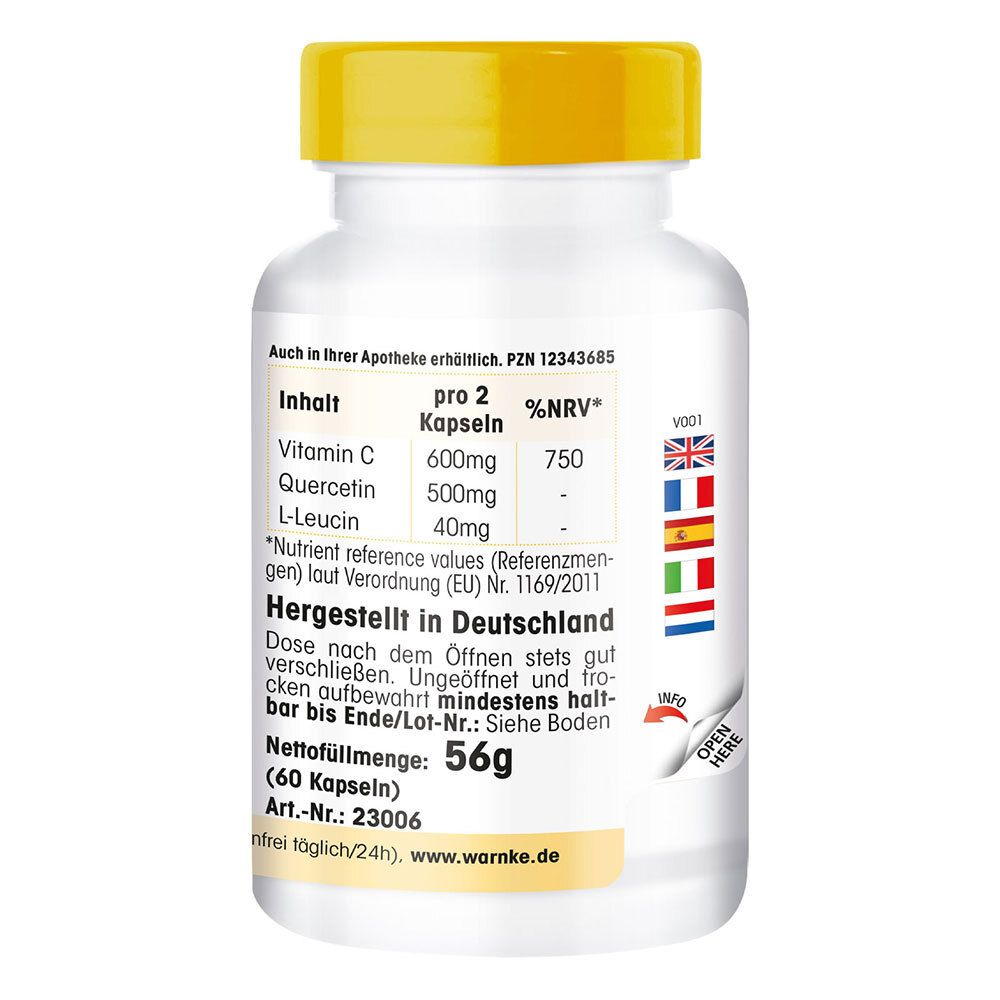Dos du flacon. Texte sur le contenu, les informations nutritionnelles et l'origine. Fabriqué en Allemagne. 60 gélules, 56g.