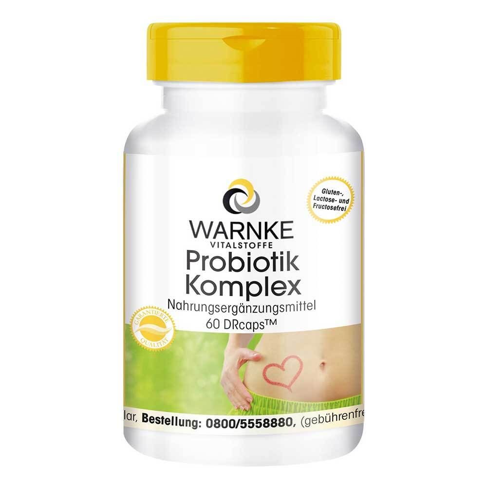 Warnke Vitalstoffe Probiotik Komplex. Witte fles met gele dop. Opschrift: Probiotik Komplex, 60 DRcaps. Buik met hart.