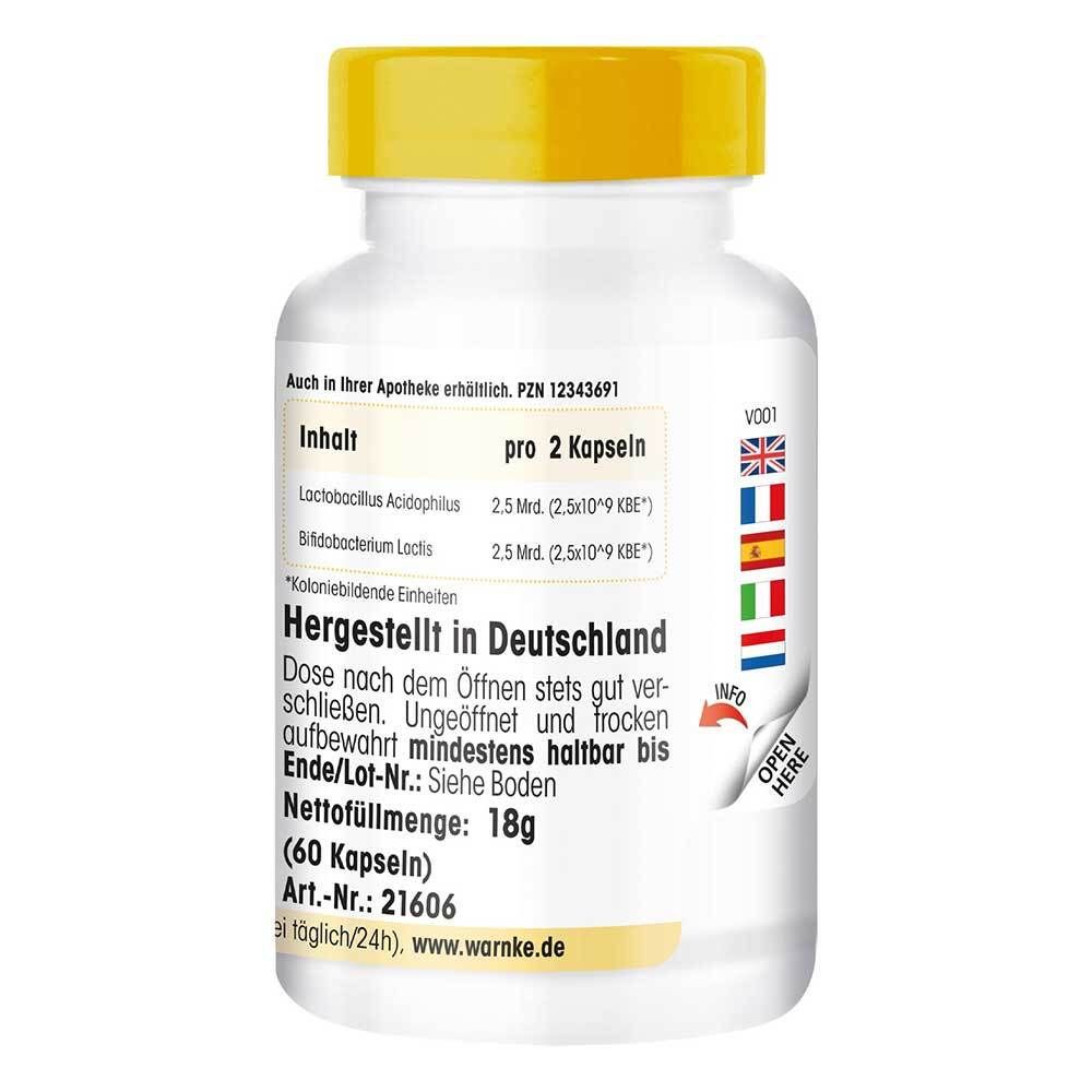 Achterkant fles Warnke Vitalstoffe Probiotik Komplex. Bevat informatie over ingrediënten en productie in Duitsland.