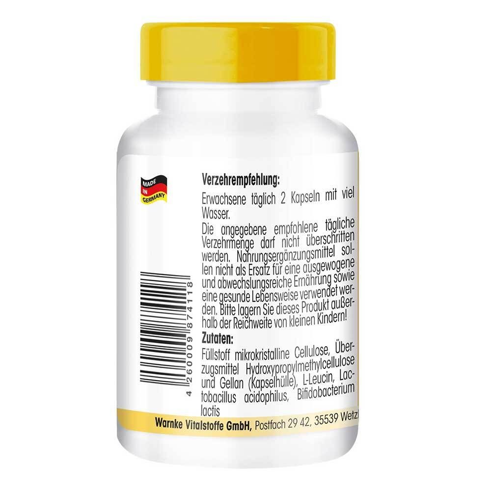 Achterkant fles Warnke Vitalstoffe Probiotik Komplex. Informatie over dosering en ingrediënten. Gemaakt in Duitsland.