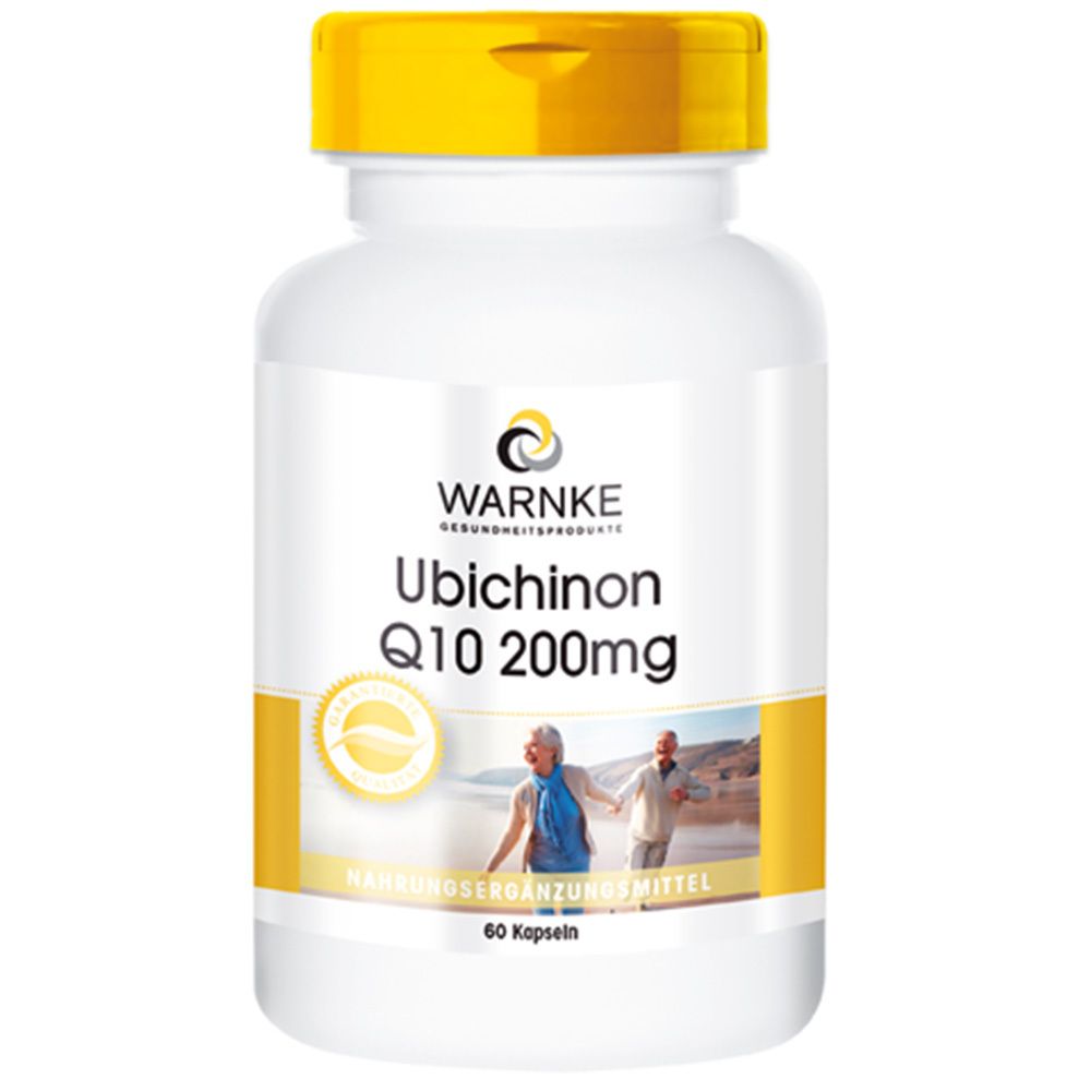 Flacon blanc à bouchon jaune. Inscription: WARNKE Ubichinon Q10 200mg. 60 gélules. Image d'un couple âgé.