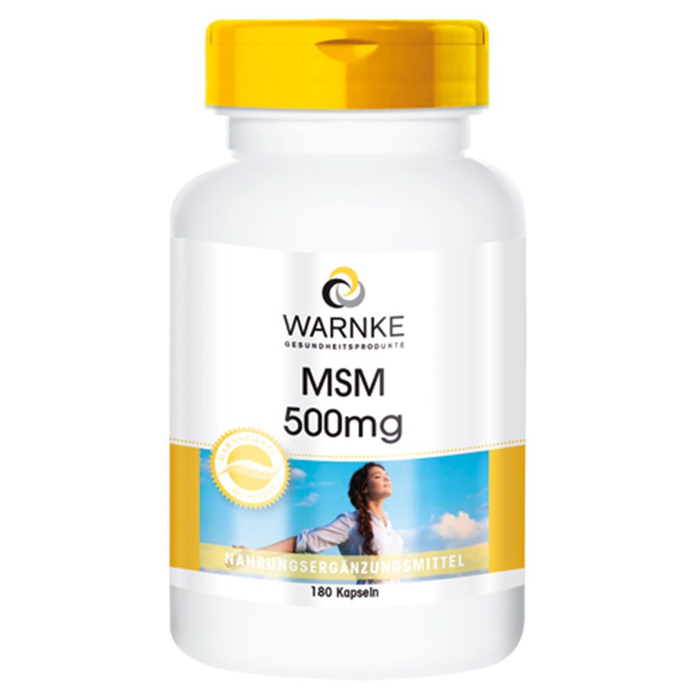 Flacon blanc à bouchon jaune. Inscription: WARNKE MSM 500mg. Image d'une femme. 180 gélules.