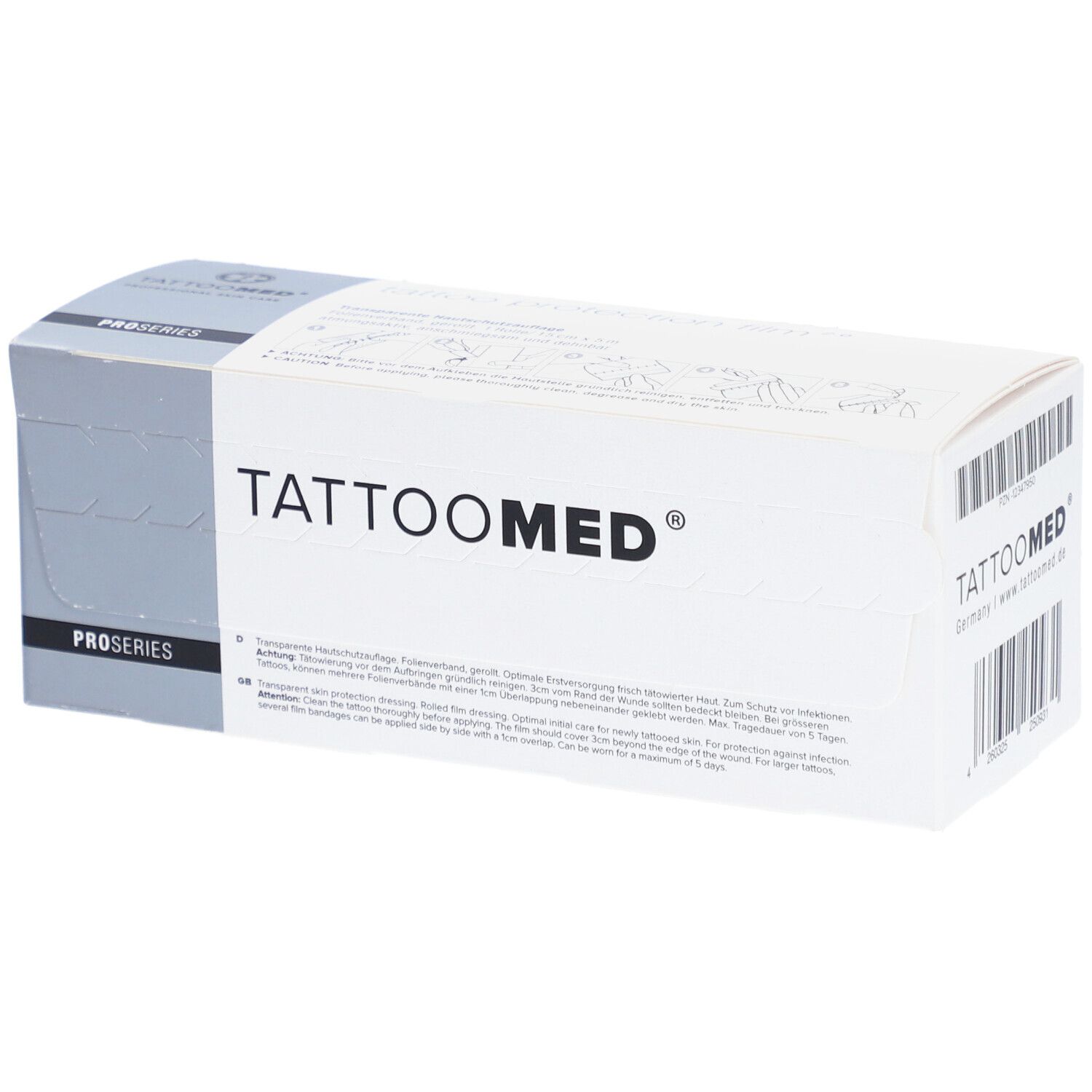 Emballage TattooMed®. Boîte blanche avec texte noir. Impression : PROSERIES. Code-barres et logo.