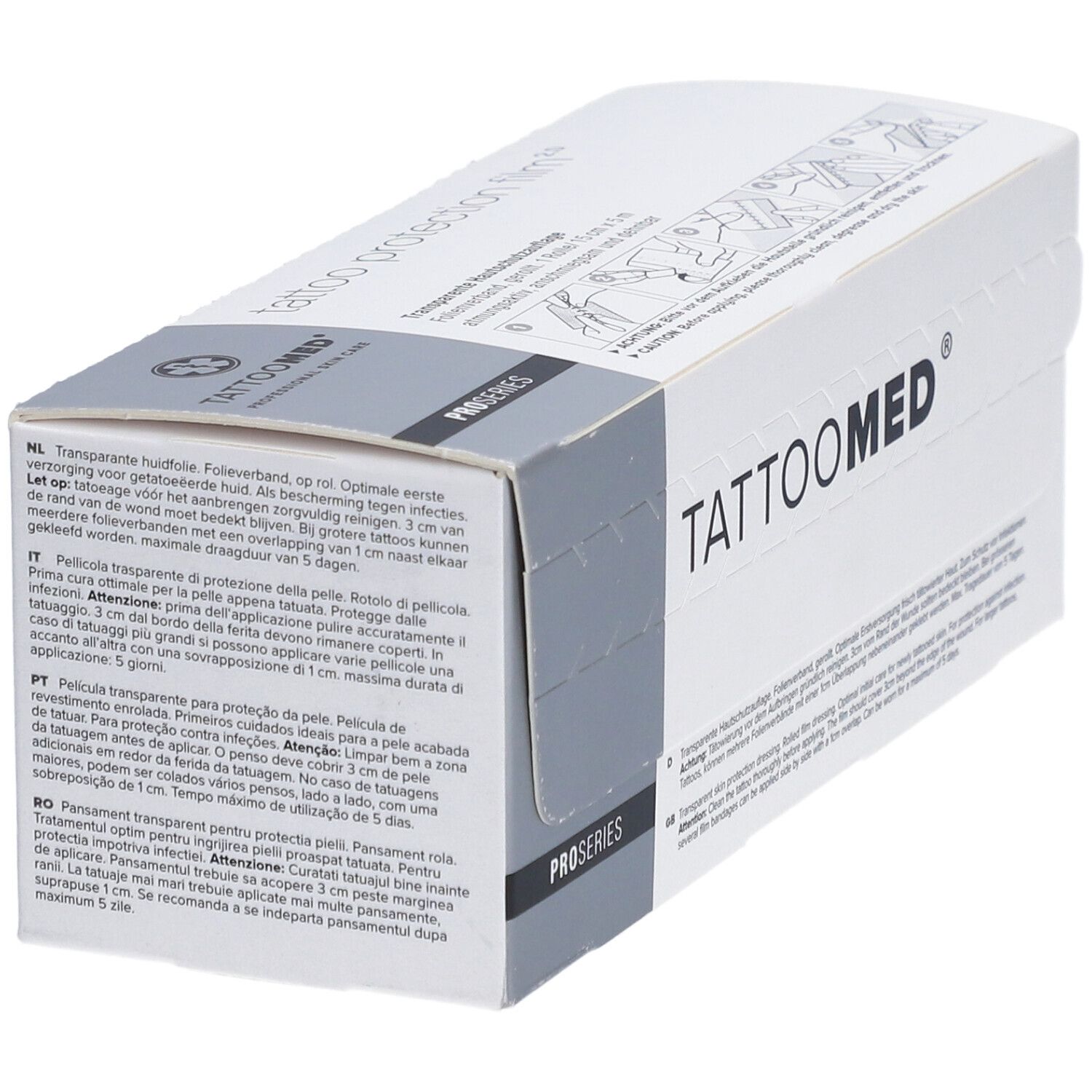 Emballage TattooMed®. Boîte blanche avec texte noir. Impression : PROSERIES. Texte multilingue.