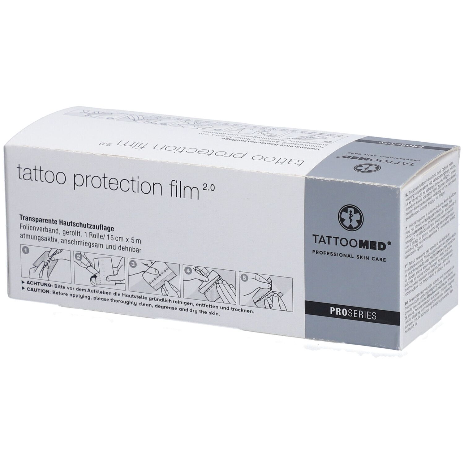 Emballage TattooMed® Protection Film 2.0. Boîte blanche avec texte noir. Impression : PROSERIES. Illustrations.