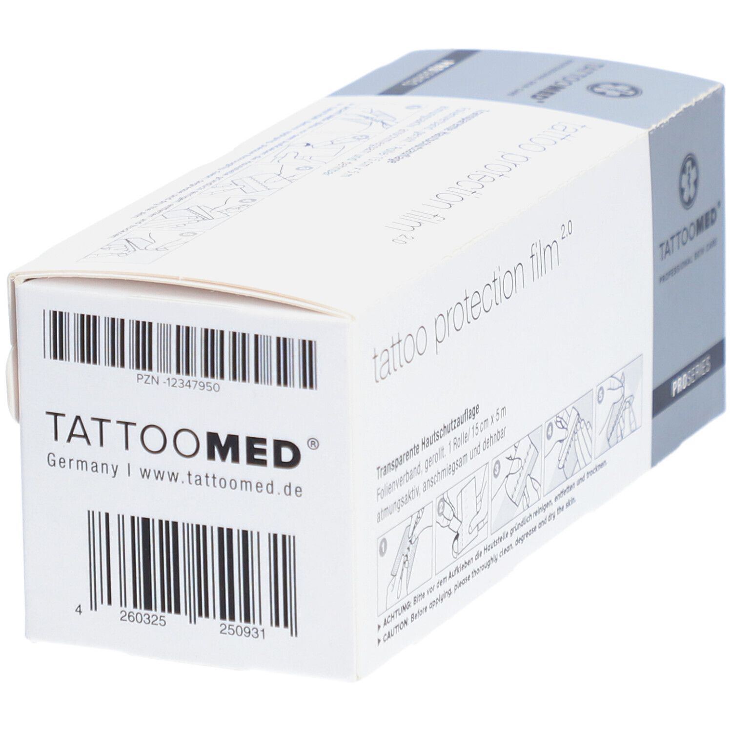 Emballage TattooMed® Protection Film 2.0. Boîte blanche avec texte noir. Impression : PROSERIES. Code-barres.