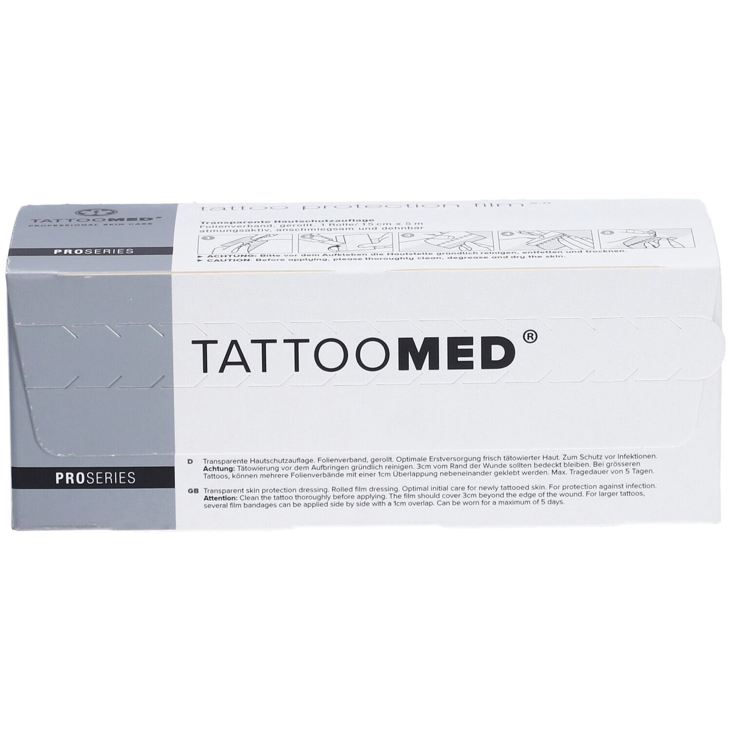 Emballage TattooMed®. Boîte blanche avec texte noir. Impression : PROSERIES. Texte multilingue.