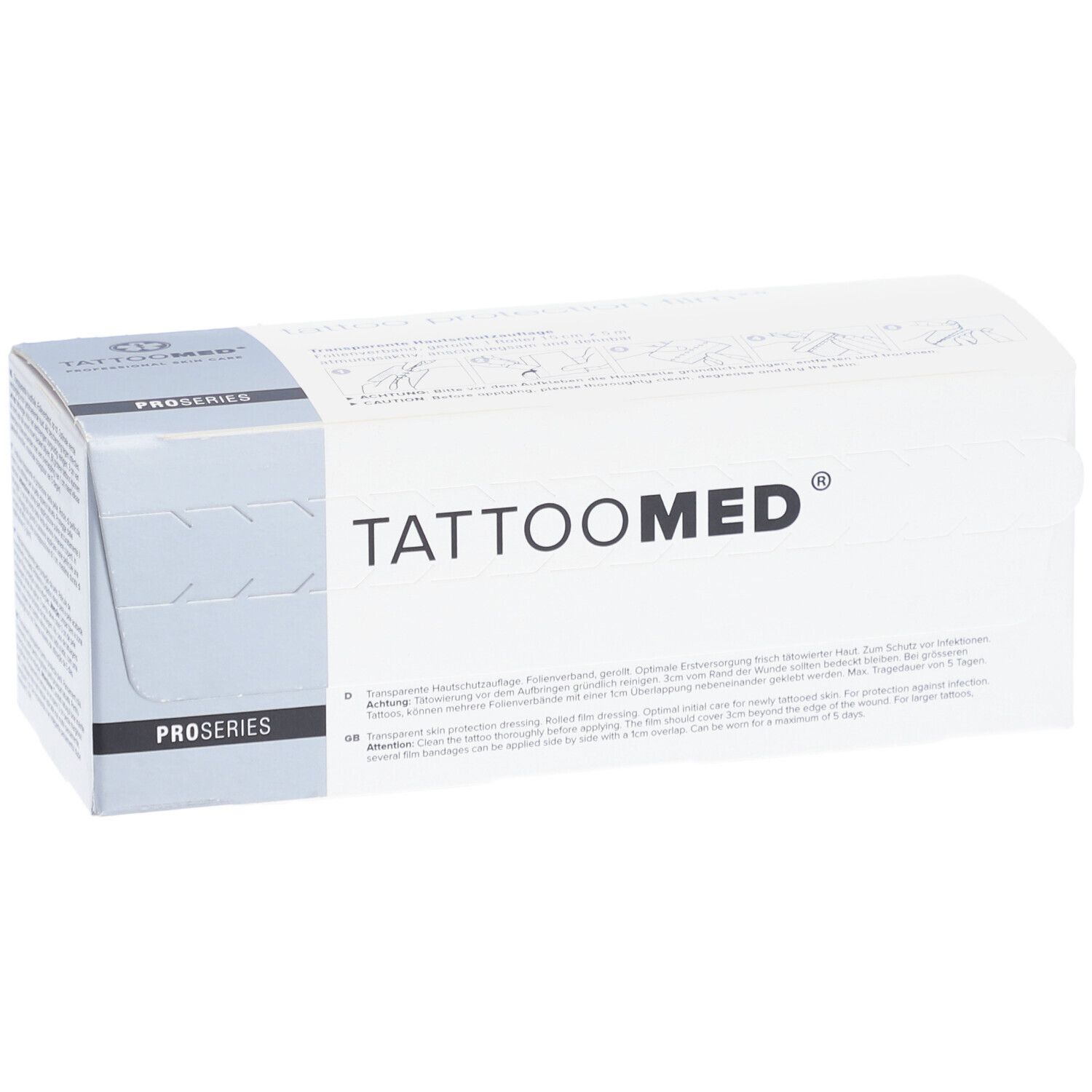 Emballage TattooMed®. Boîte blanche avec texte noir. Impression : PROSERIES. Texte multilingue.