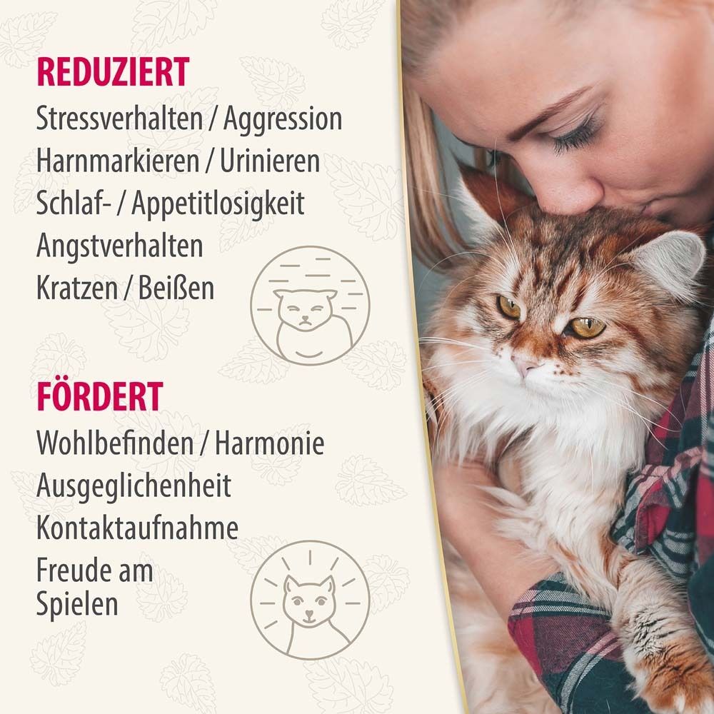 Femme embrassant un chat. Texte : Réduit le comportement stressant, l'agression, etc. Favorise le bien-être, l'harmonie, etc.