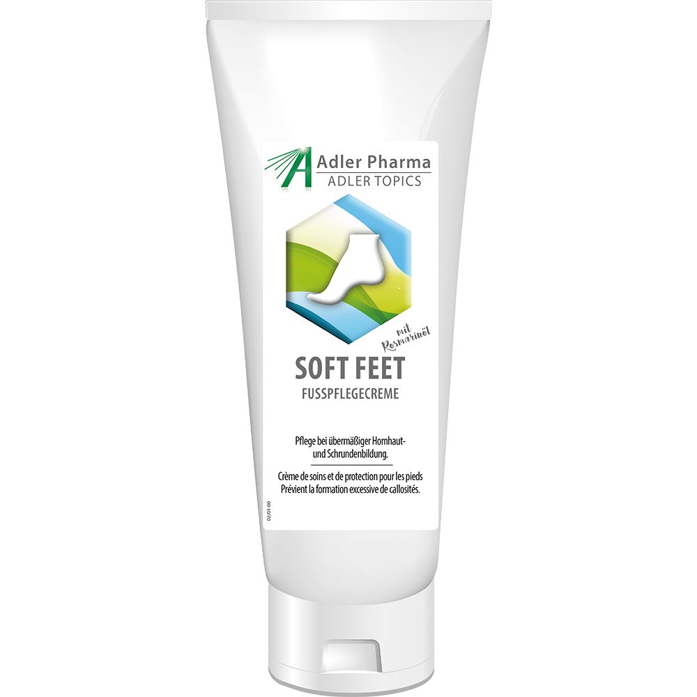 Witte tube met groen en blauw design. Opschrift: SOFT FEET voetcrème. Adler Pharma logo.