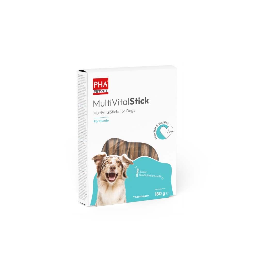 Verpakking met informatie over MultiVitalSticks voor honden.