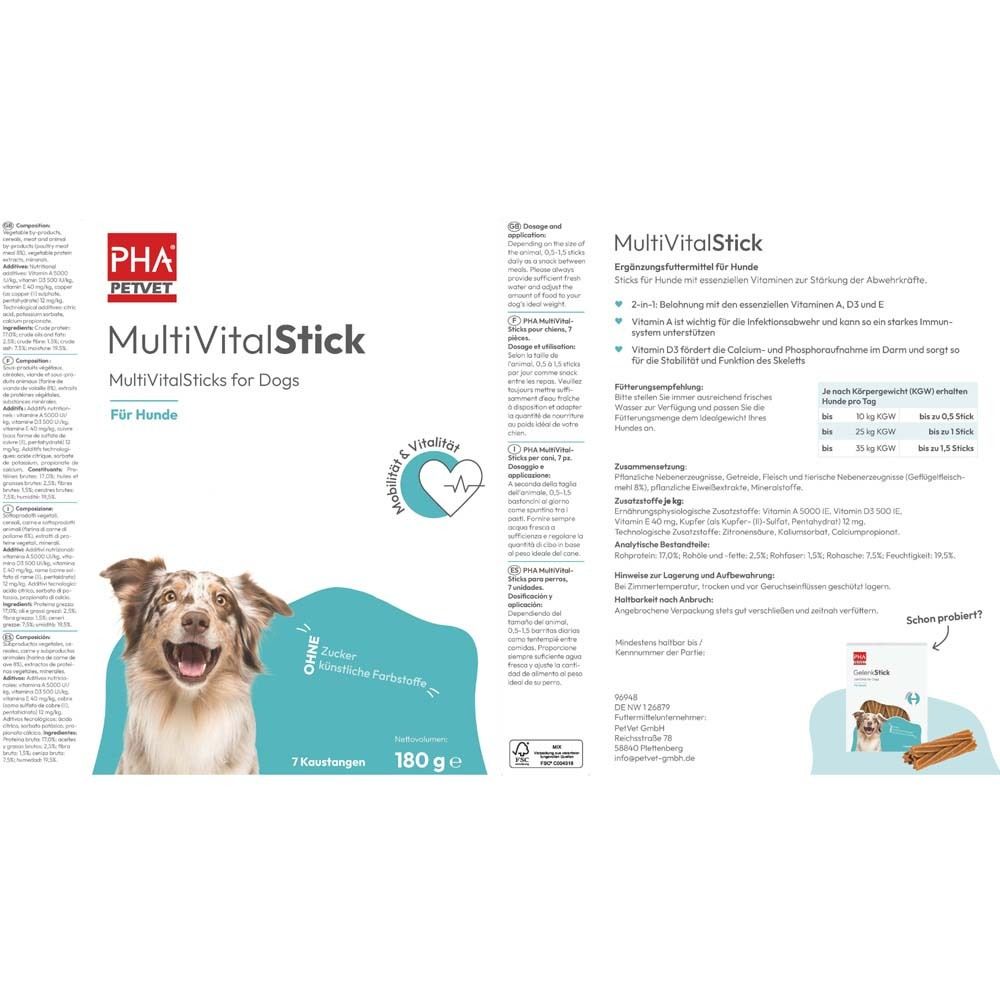 PHA PETVET MultiVitalStick voor honden, 180g verpakking met honden gezicht en productinformatie.