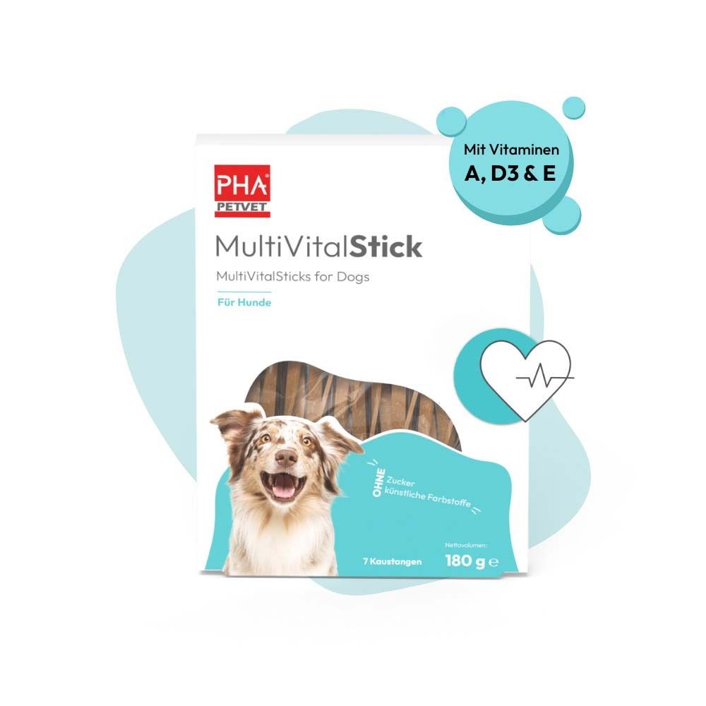 Verpakking voor 'MultiVitalStick MultiVitalSticks for Dogs'. Bevat 7 kauwstaven, 180g. Met vitamines A, D3 & E.