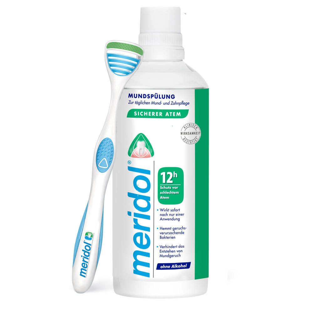 Tongreiniger naast mondspoelfles. Fles met groen etiket, tekst. Merk meridol.