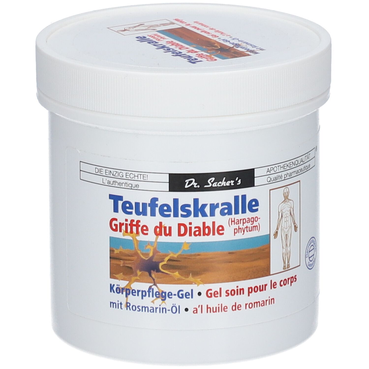 Pot blanc avec couvercle. Inscription : Teufelskralle, Griffes du Diable. Illustration : Figure humaine.
