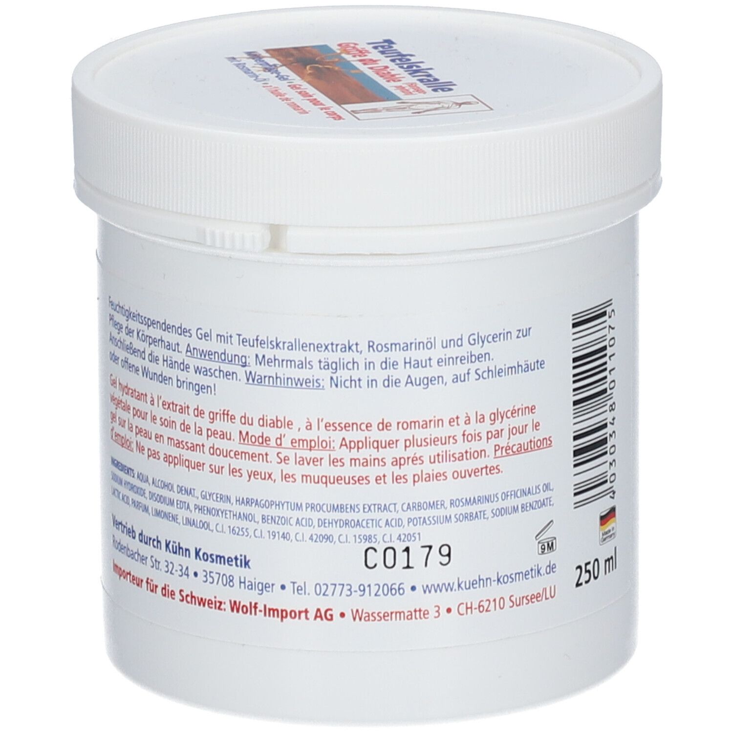 Pot blanc avec couvercle. Texte : Gel hydratant à l'extrait de griffe du diable. Ingrédients et fabricant.