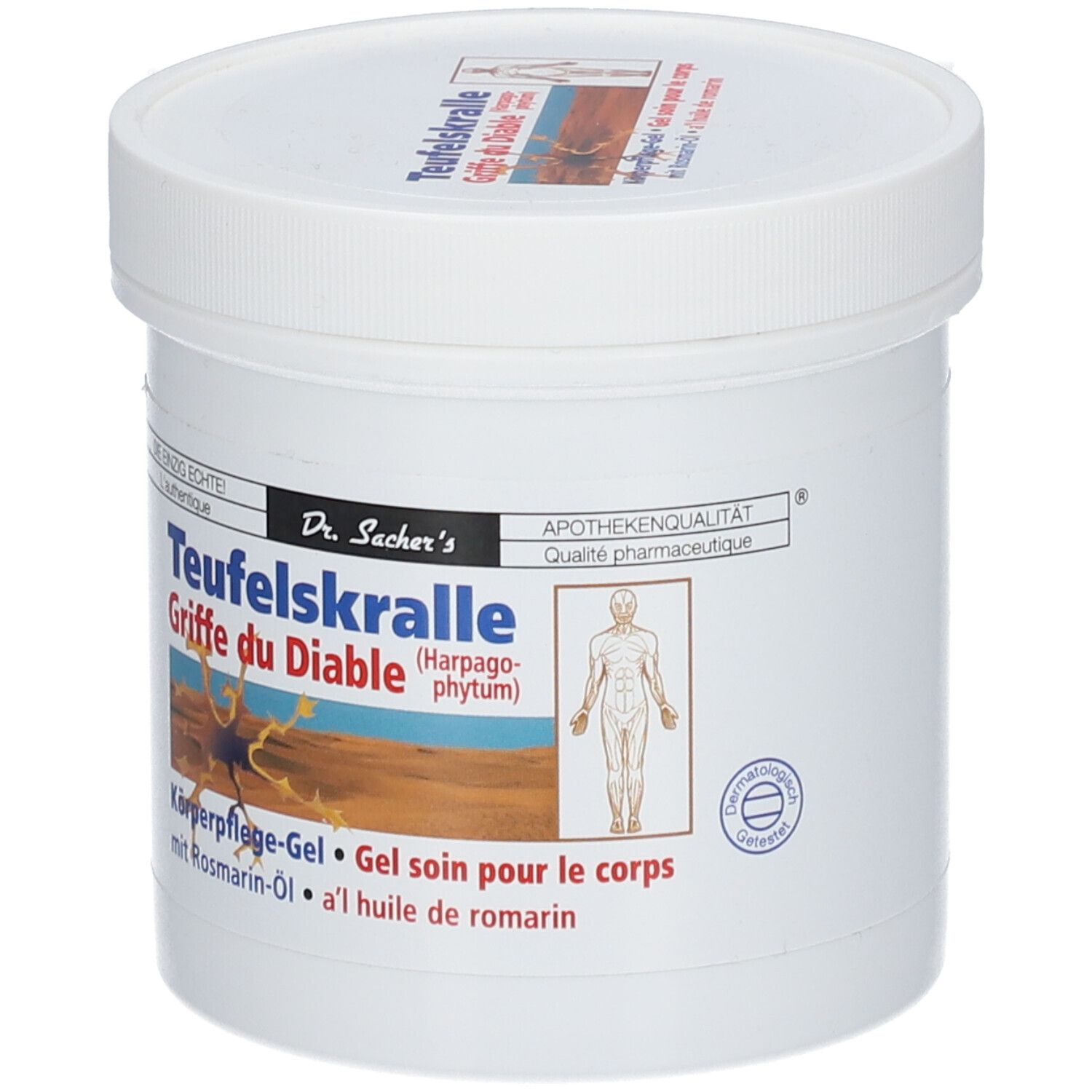 Pot blanc avec couvercle. Inscription : Teufelskralle, Griffes du Diable. Illustration : Figure humaine.