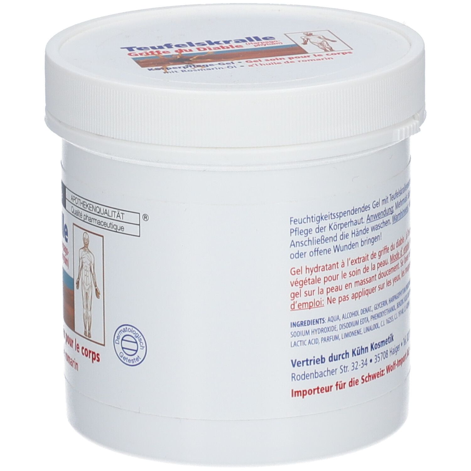 Pot blanc avec couvercle. Texte : Gel hydratant à l'extrait de griffe du diable. Ingrédients et fabricant.