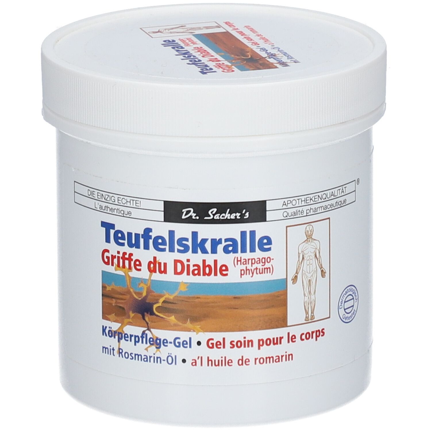 Pot blanc avec couvercle. Inscription : Teufelskralle, Griffes du Diable. Illustration : Figure humaine.