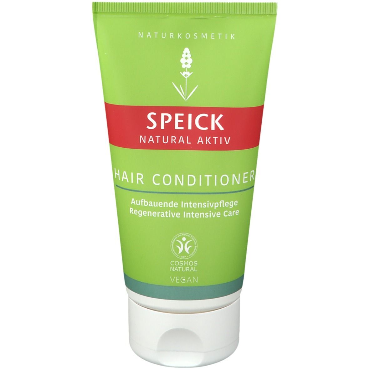 Tube verte avec bande rouge. SPEICK NATURAL AKTIV Hair Conditioner. Inscription: Regenerative Intensive Care. Label vegan.