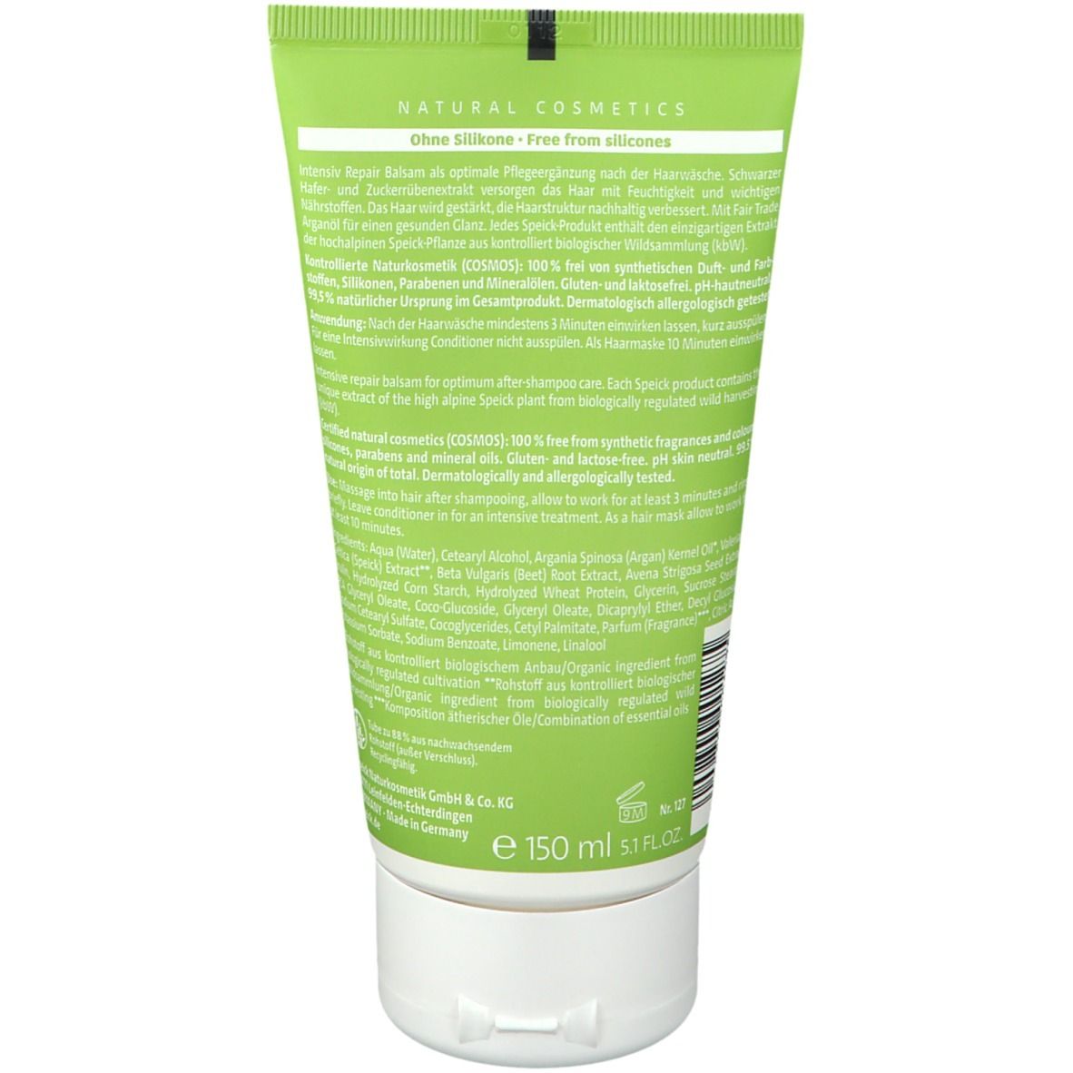 Dos du tube. Texte en allemand et anglais. Ingrédients et certifications. 150 ml.