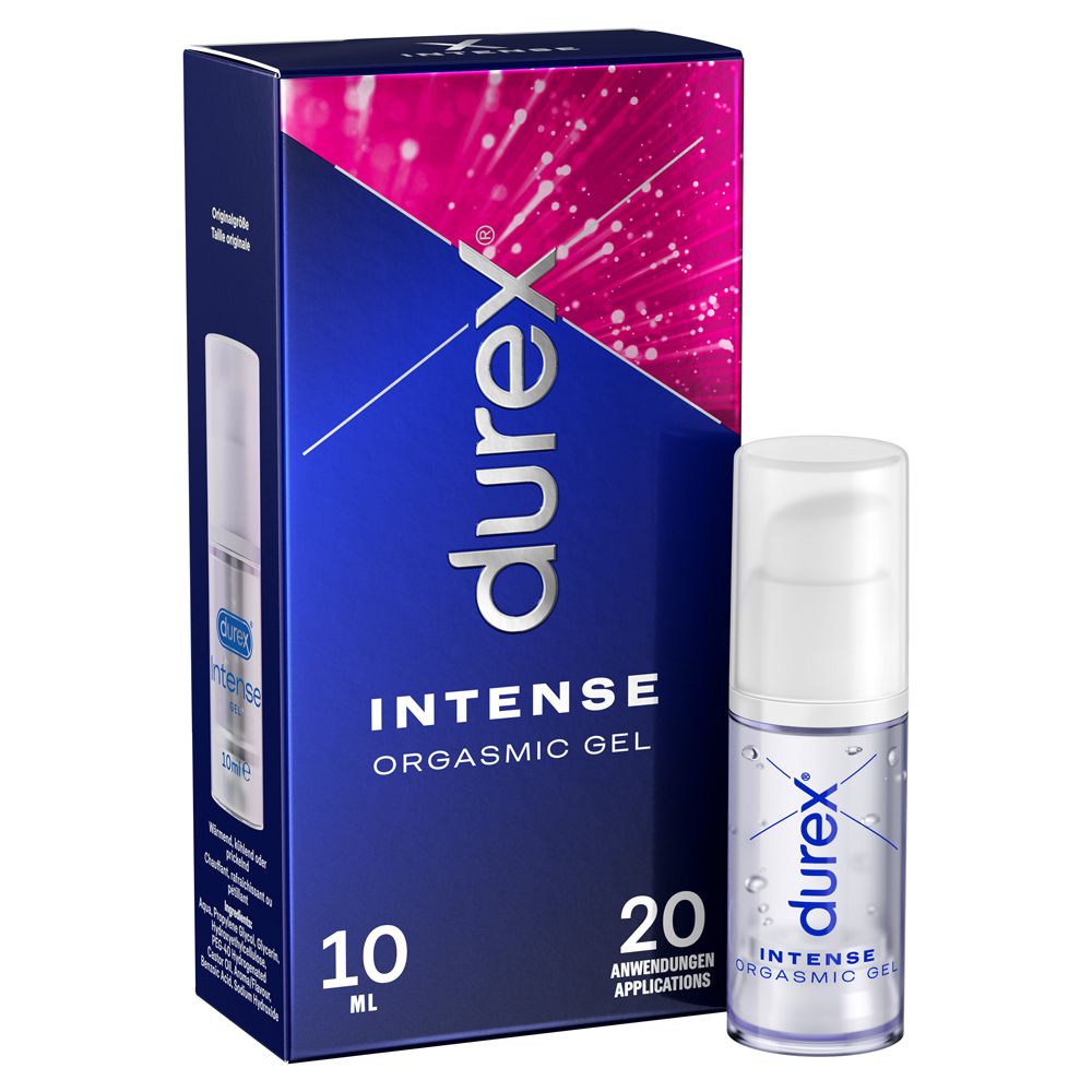 Gel Orgasmique Intense Durex, flacon de 10 ml avec pompe. Boîte avec informations produit.