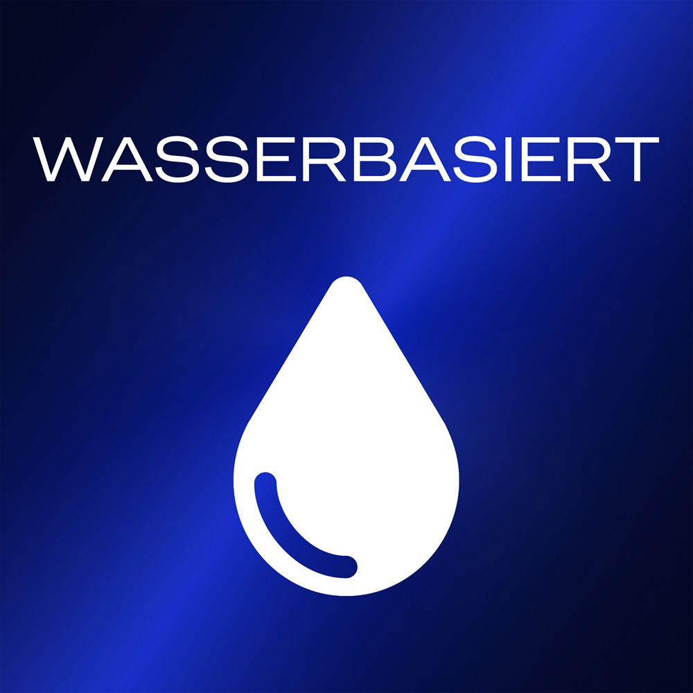 Icône blanche en forme de goutte avec le texte WASSERBASIERT au-dessus sur fond bleu.