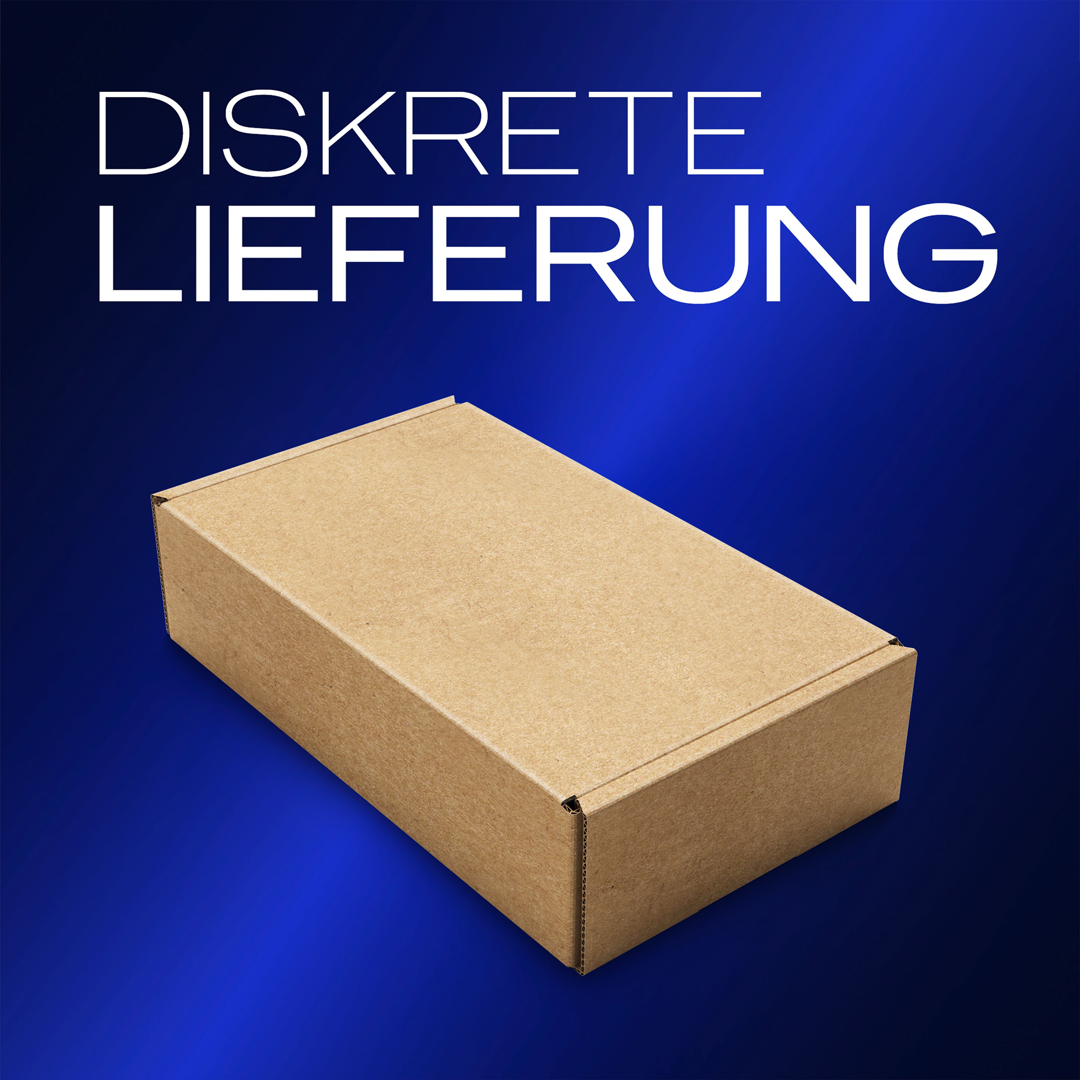 Boîte en carton marron sur fond bleu avec inscription blanche "Diskrete Lieferung".