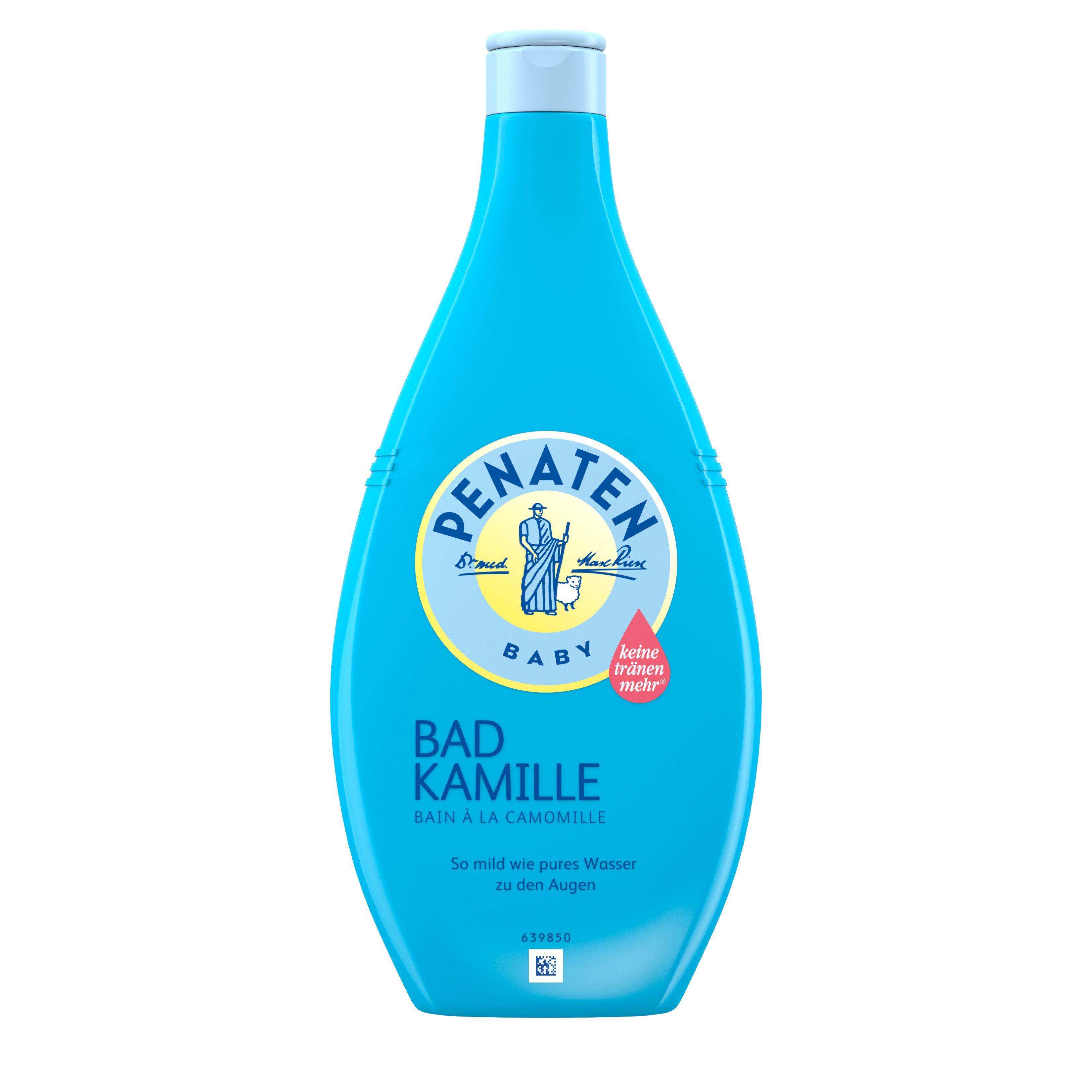 Lichtblauwe fles PENATEN BABY Bad Kamille. Bevat kamille. Fles met schroefdop.