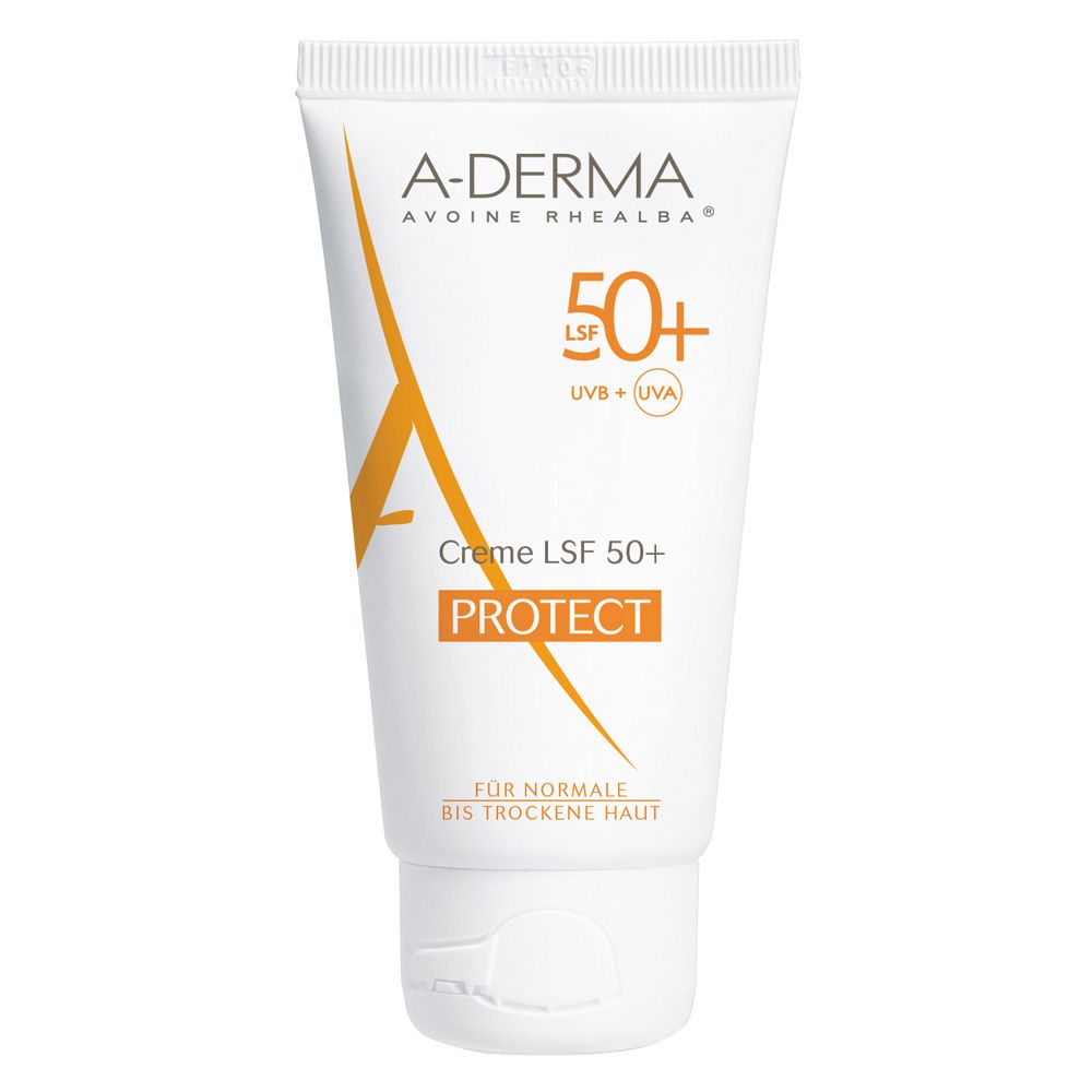 A-Derma Protect LSF 50+ zonnebrandcrème, oranje vouwdoos met productinformatie en gebruiksinstructies.
