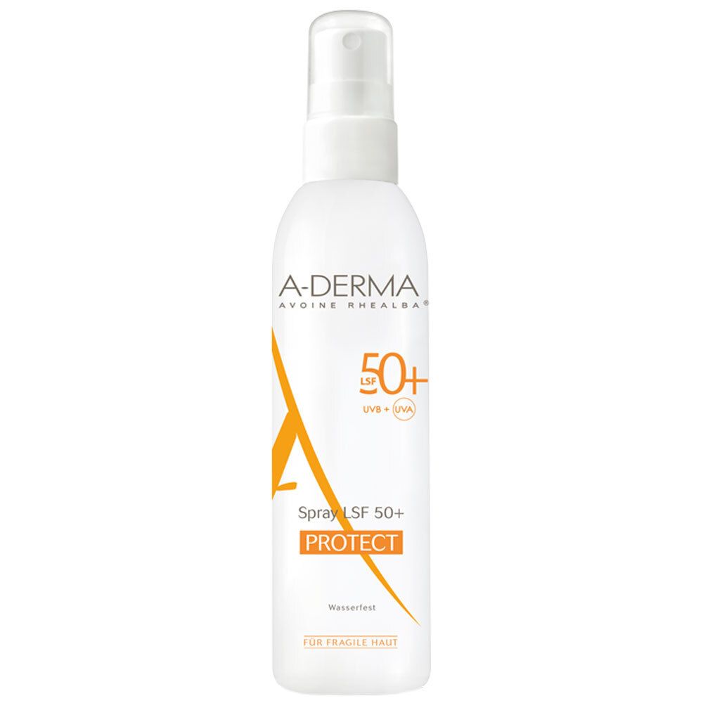Flacon spray blanc avec étiquette orange. Inscription: A-DERMA, SPF 50+, PROTECT. Pour peaux fragiles. Résistant à l'eau.