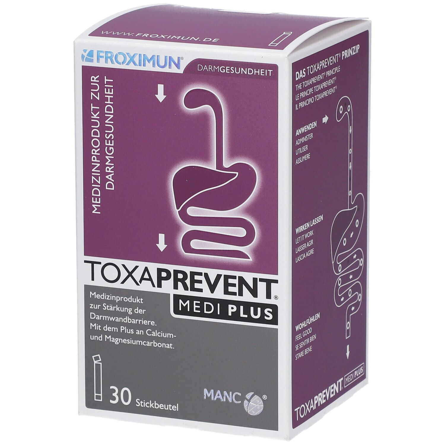 Doos TOXAPREVENT MEDI PLUS. 30 stickzakjes. Medisch hulpmiddel voor darmgezondheid. Paars en wit ontwerp.
