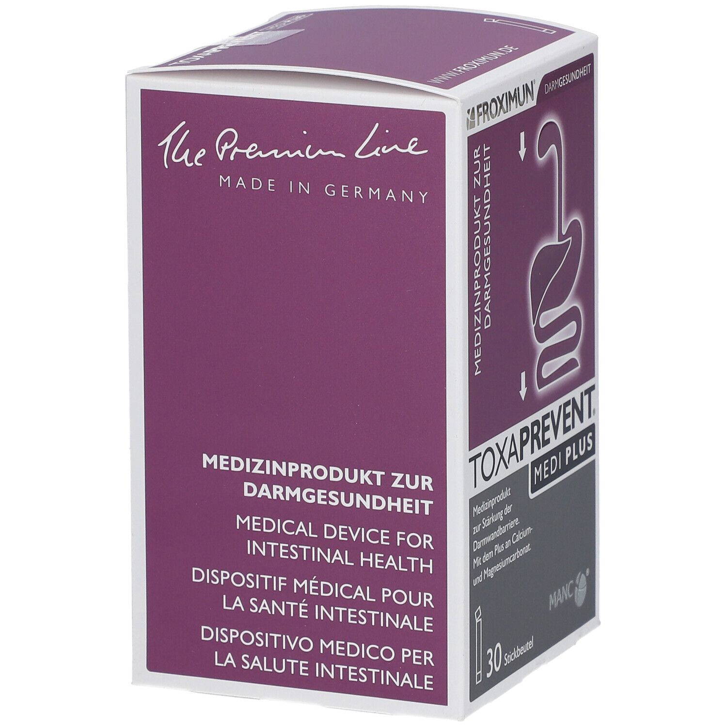 Doos TOXAPREVENT MEDI PLUS. Medisch hulpmiddel voor darmgezondheid. Tekst in het Duits, Engels, Frans en Italiaans.