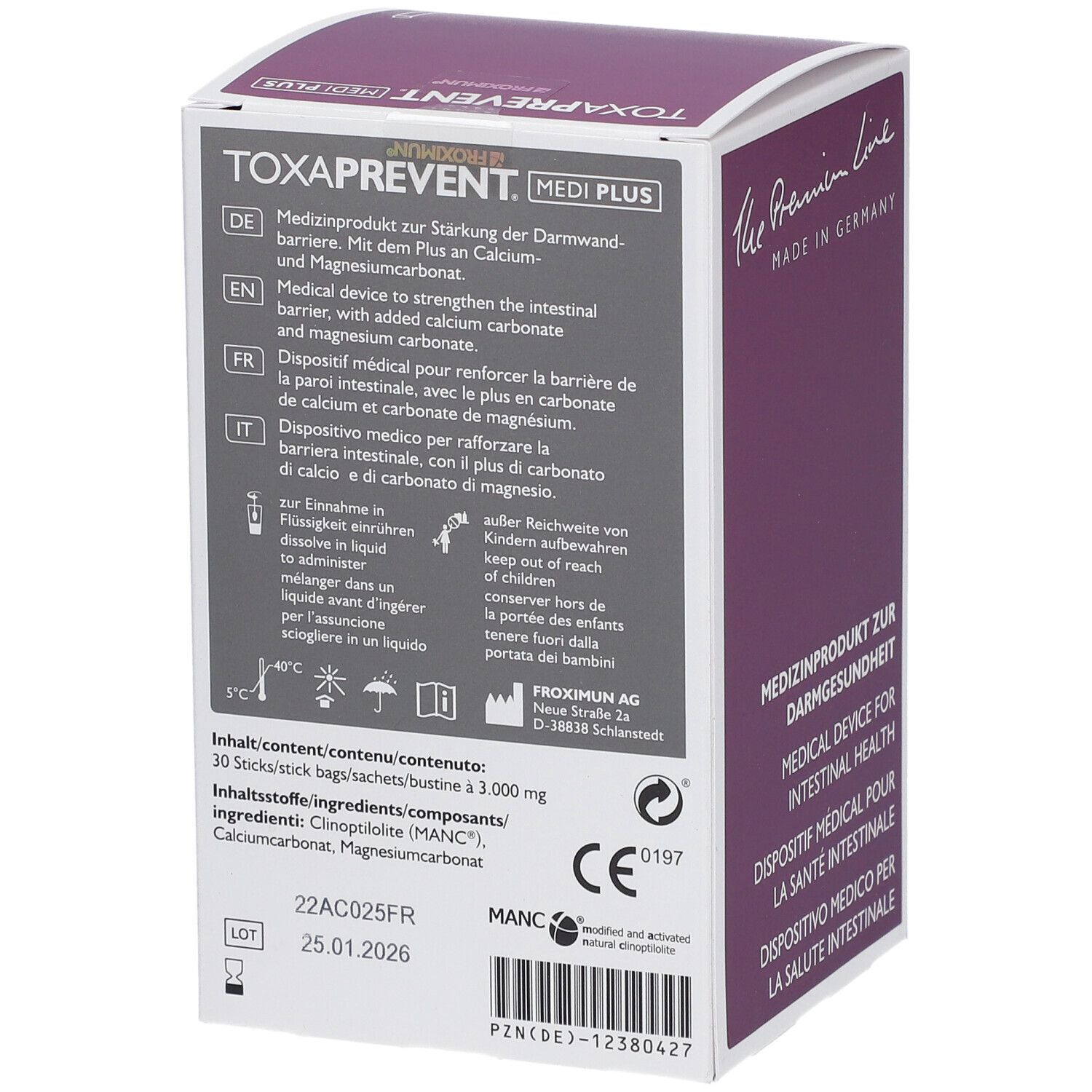 Achterkant verpakking TOXAPREVENT MEDI PLUS. Meertalige tekst. CE-markering. 30 stickzakjes. Houdbaarheidsdatum.
