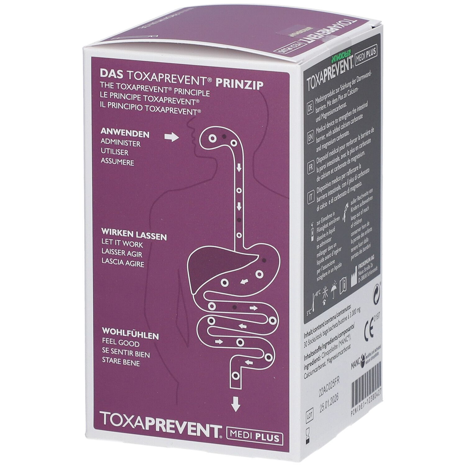 Doos met illustratie van het spijsverteringsstelsel. Tekst over het TOXAPREVENT principe. Productnaam TOXAPREVENT MEDI PLUS.