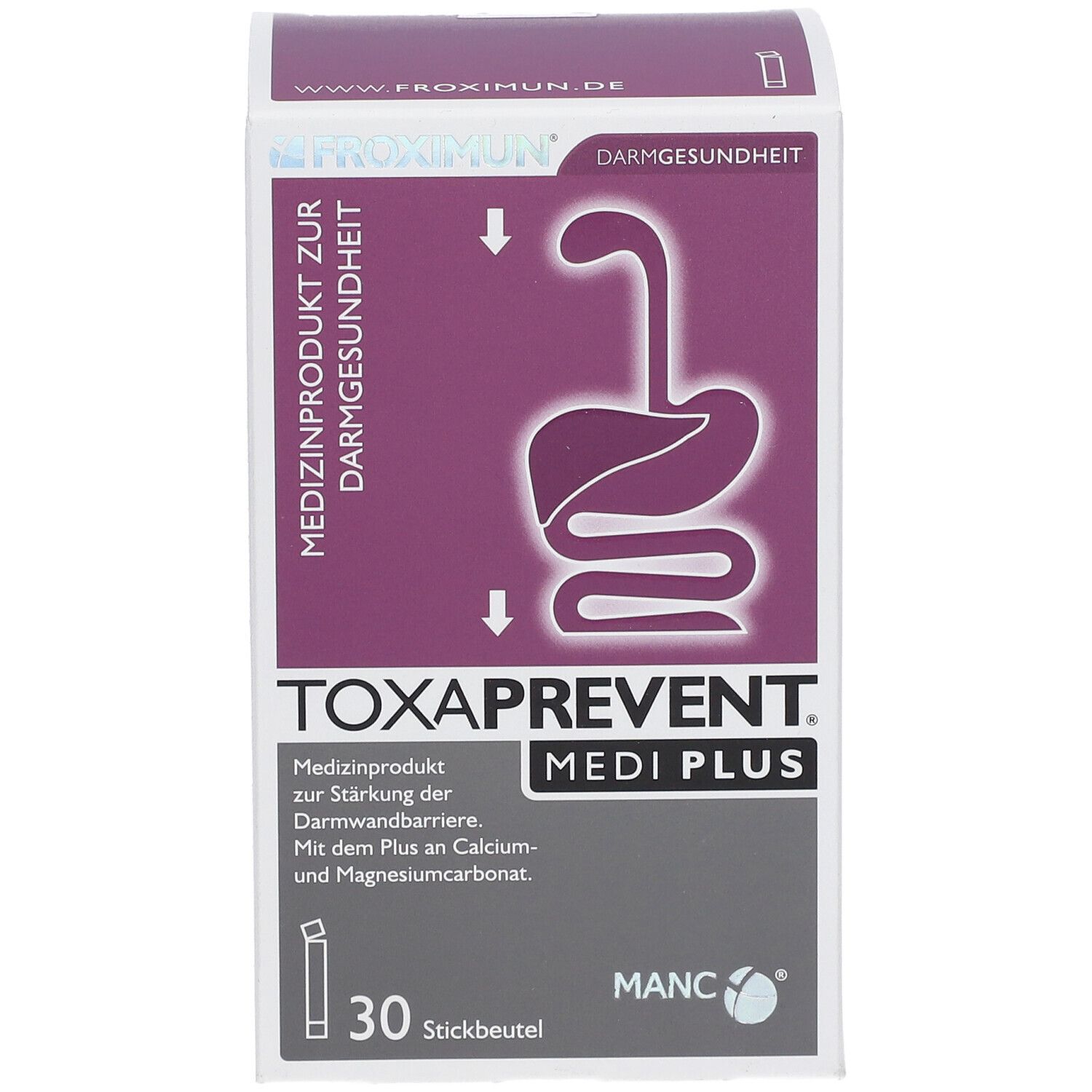 Doos TOXAPREVENT MEDI PLUS. 30 stickzakjes. Medisch hulpmiddel voor darmgezondheid. Paars en wit ontwerp.
