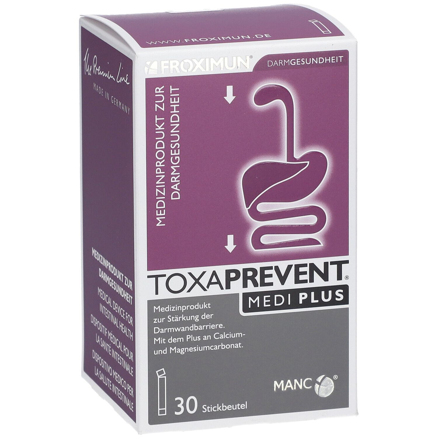 Doos TOXAPREVENT MEDI PLUS. 30 stickzakjes. Medisch hulpmiddel voor darmgezondheid. Paars en wit ontwerp.