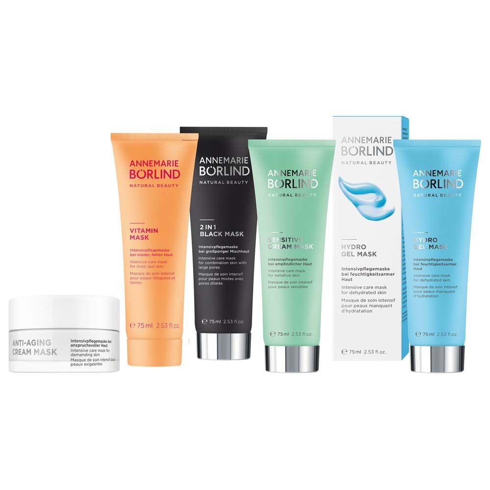 Verschillende tubes en potten. Merk: ANNEMARIE BÖRLIND. Producten: Vitamin Mask, 2 IN 1 BLACK MASK, Sensitive Cream.