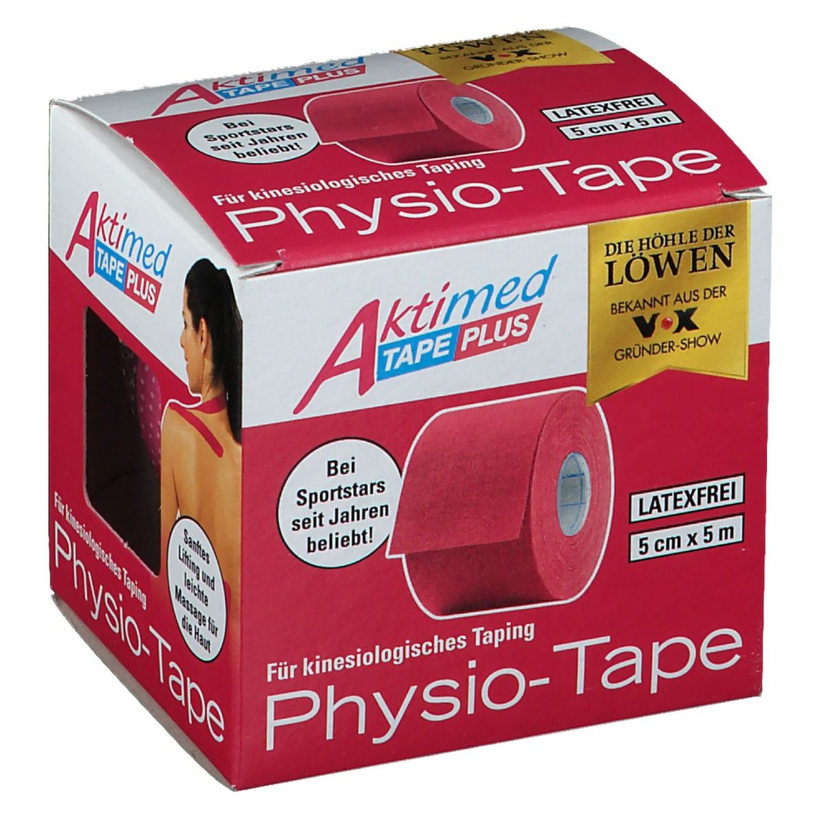 Verpakking van Aktimed Tape Plus. Roze rol in doos. Opschriften: Physio-Tape, 5 cm x 5 m, latexvrij. Illustratie van vrouw met tape.