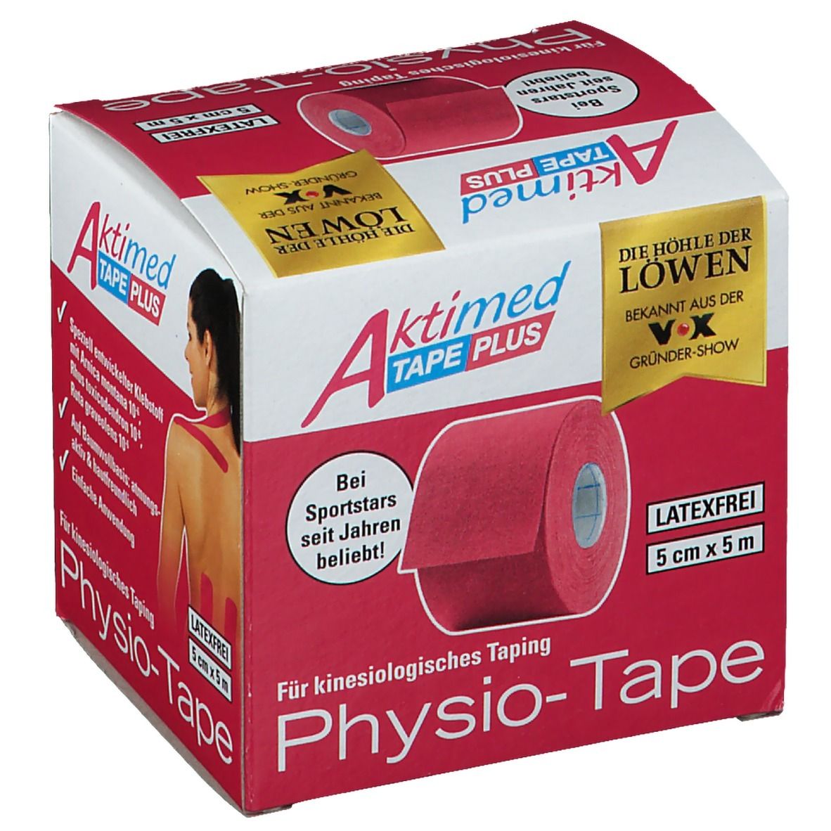 Verpakking Aktimed Tape Plus. Roze rol in doos. Opschriften: Physio-Tape, 5 cm x 5 m, latexvrij. Logo 'Die Höhle der Löwen'. Illustratie van vrouw met tape.