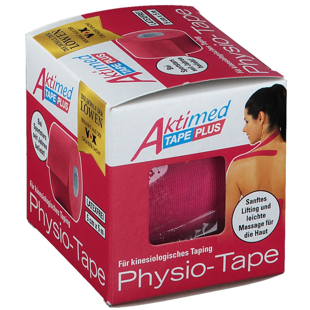 Verpakking Aktimed Tape Plus. Roze rol in doos. Opschriften: Physio-Tape, 5 cm x 5 m, latexvrij. Illustratie van vrouw met tape. Tekst: Zachte lifting.
