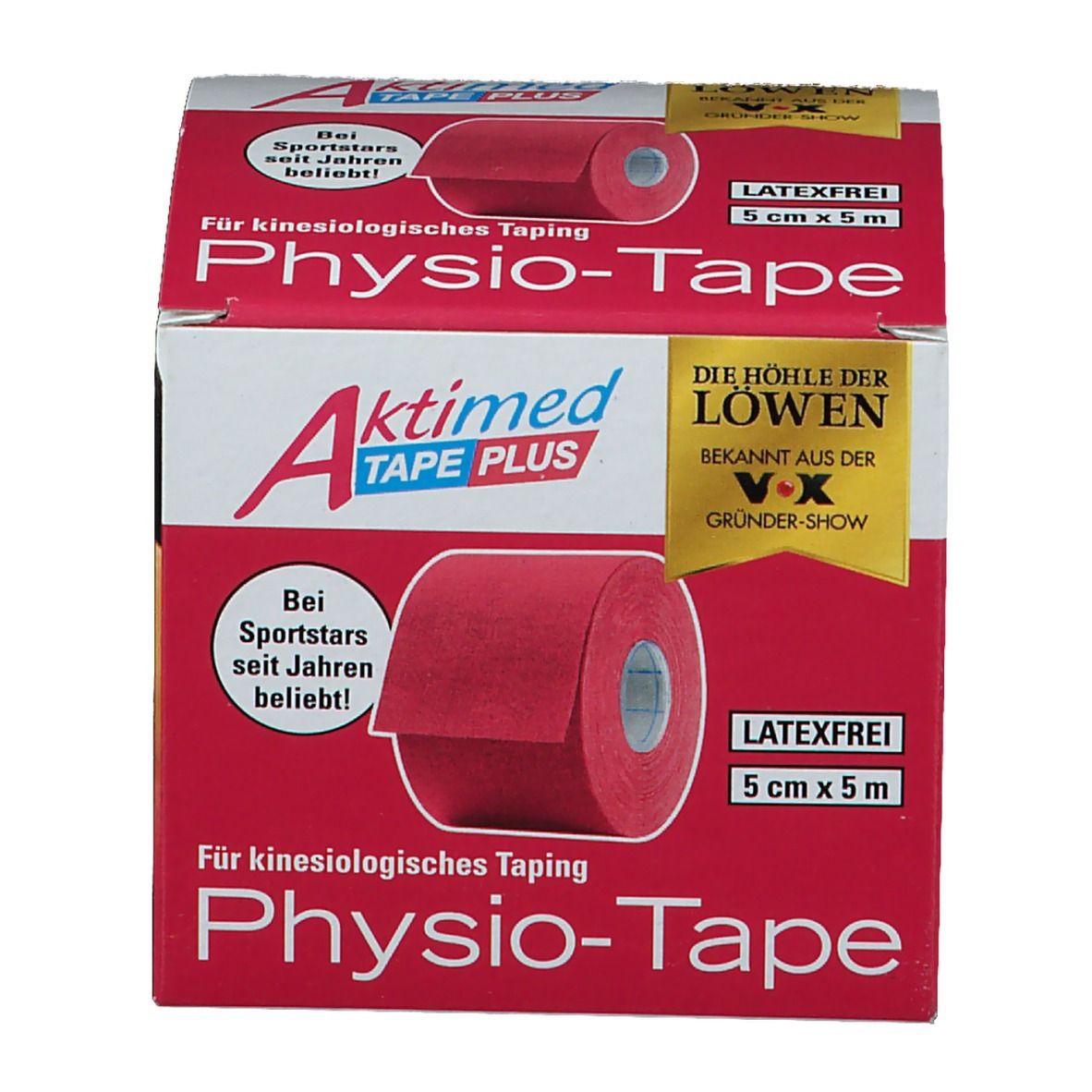 Verpakking Aktimed Tape Plus. Roze rol in doos. Opschriften: Physio-Tape, 5 cm x 5 m, latexvrij. Logo 'Die Höhle der Löwen'.